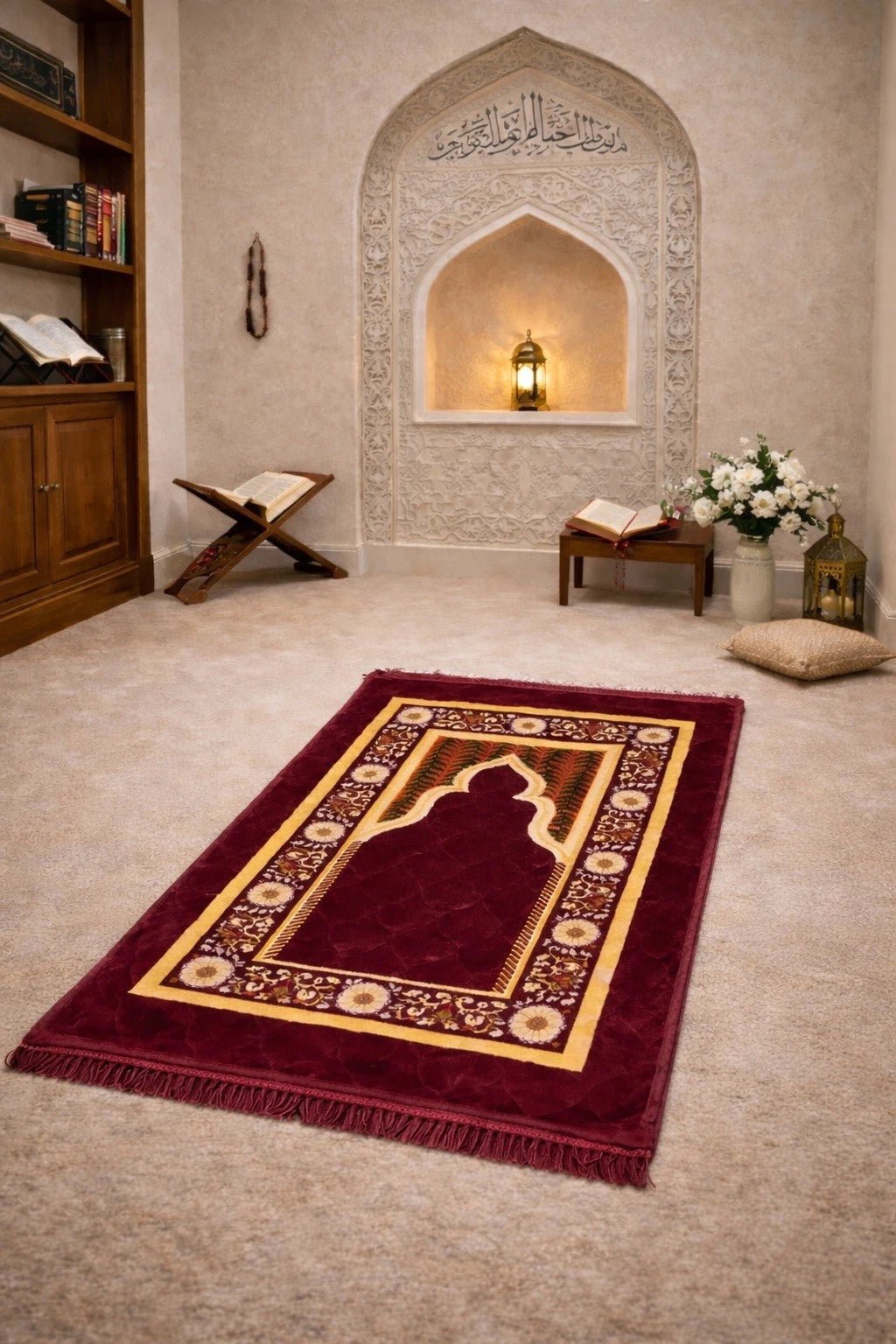 Luxury Islamic Prayer Mat – Quilted Plush Sajjadah with Decorative Floral Design | 6 Colours