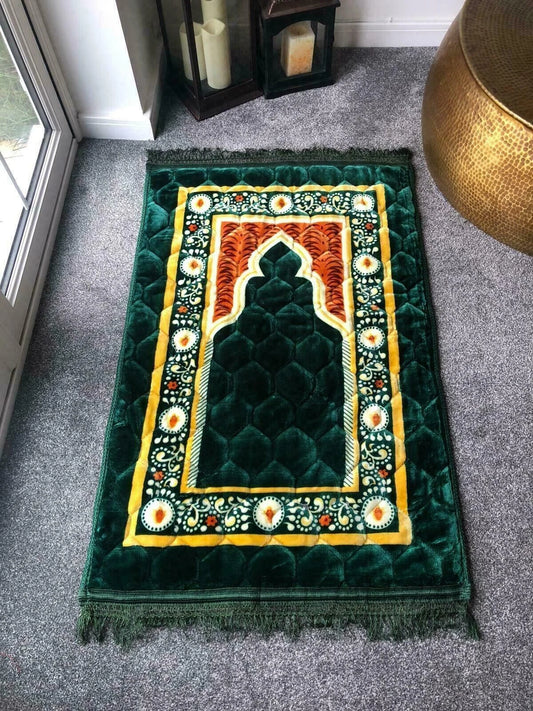 Luxury Islamic Prayer Mat – Quilted Plush Sajjadah with Decorative Floral Design | 6 Colours