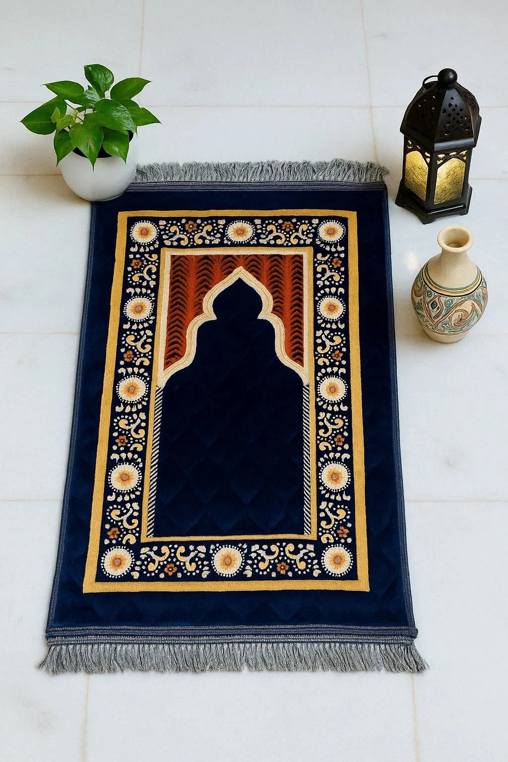 Luxury Islamic Prayer Mat – Quilted Plush Sajjadah with Decorative Floral Design | 6 Colours
